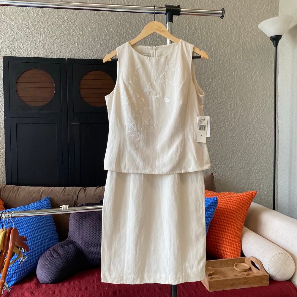VTG Jones New York Dress Silk Cream Sz 8 Formal Fitted Layered Midi Knee Length